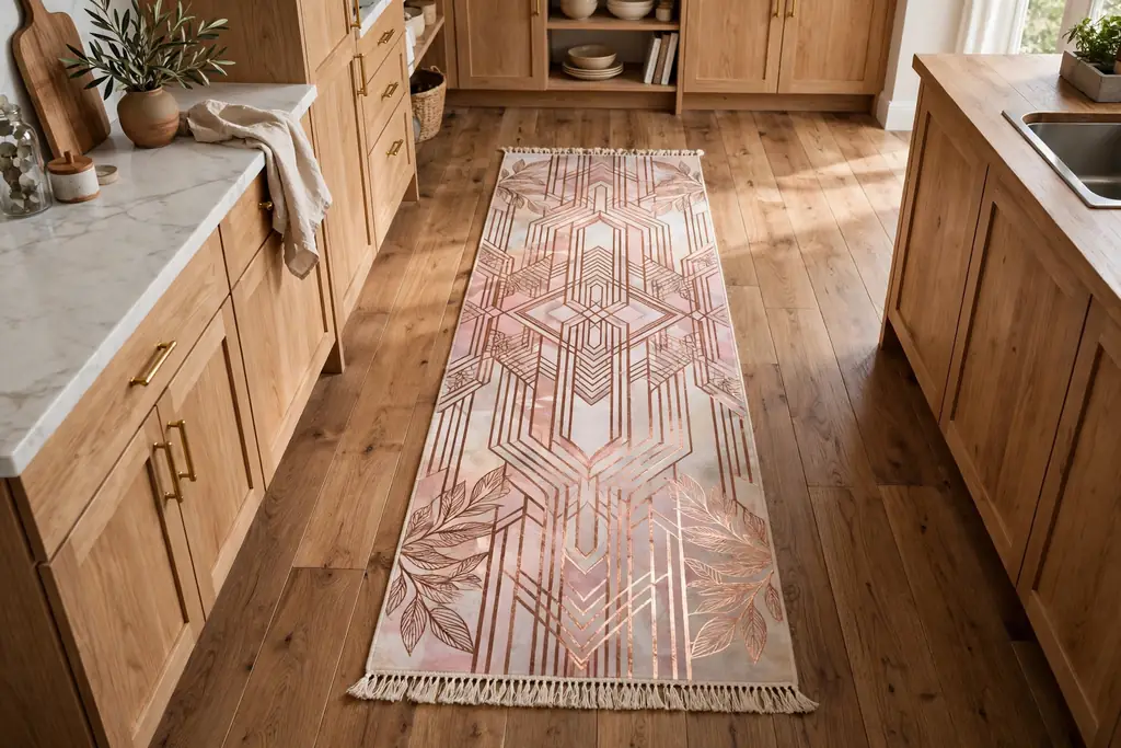 Runner with a rose gold pattern on a wood kitchen floor.