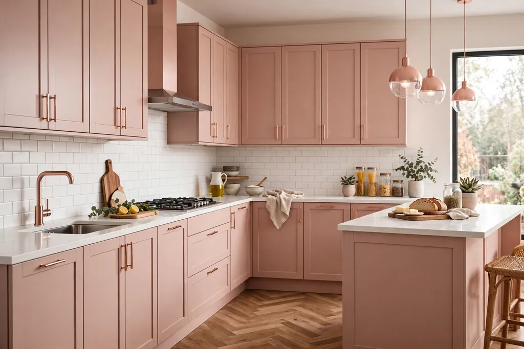 Kitchen with soft rose gold shaker cabinets, white counters, and a wood floor.