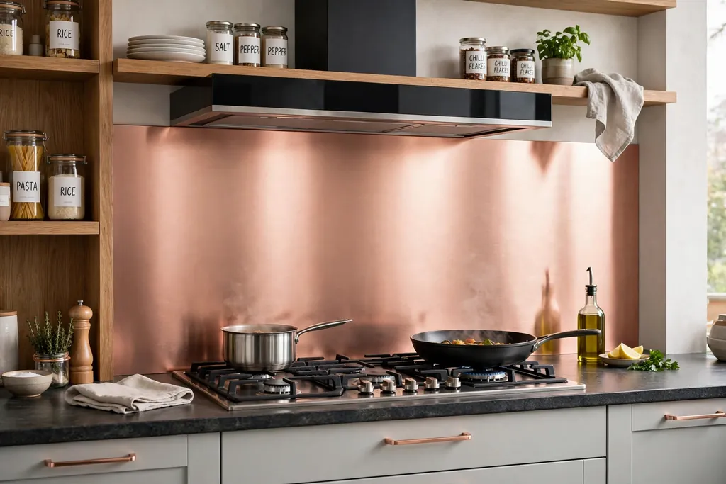 Rose gold metal splashback panel behind a kitchen cooker.