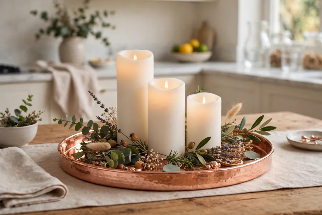 Kitchen table centerpiece with a rose gold tray and flameless candles.
