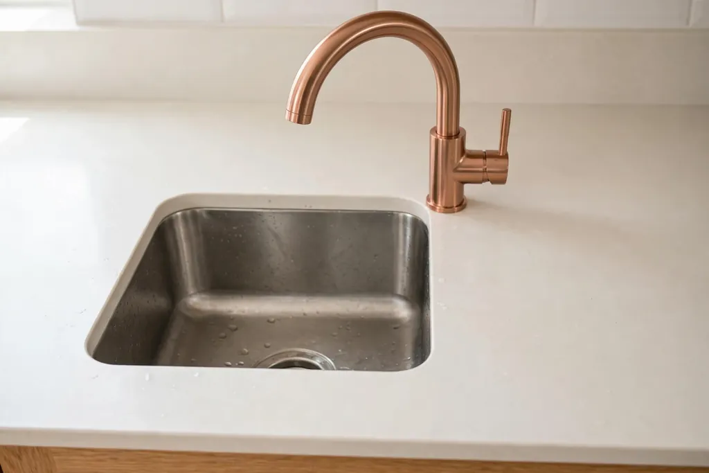 Kitchen sink with a rose gold tap and a plain counter.