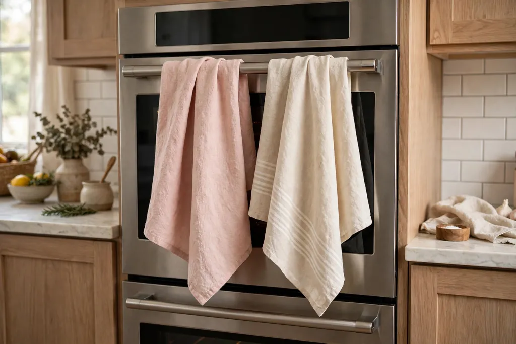 Blush and cream tea towels hanging on an oven handle in a kitchen.