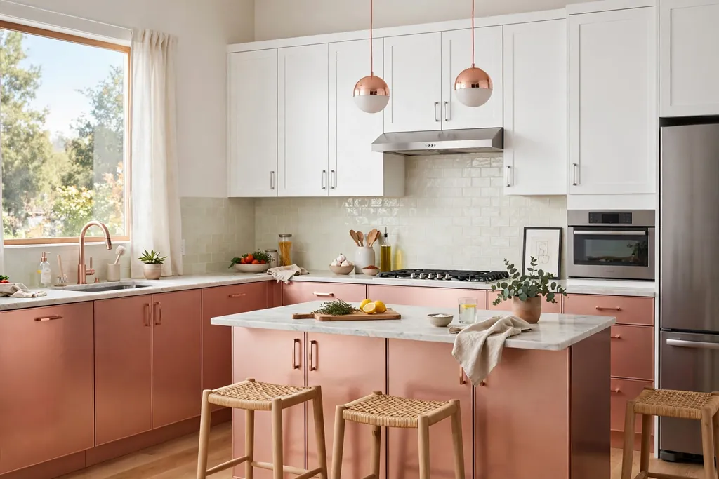 Kitchen with rose gold lower cabinets, white upper cabinets, and a pale backsplash.