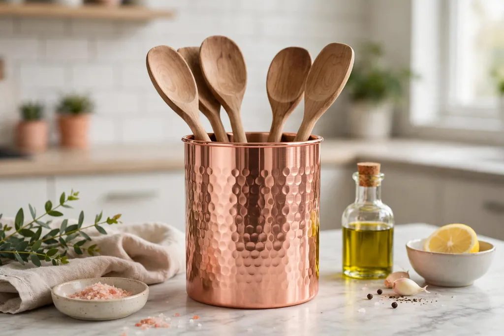 Rose gold utensil crock with wooden spoons on a kitchen counter.
