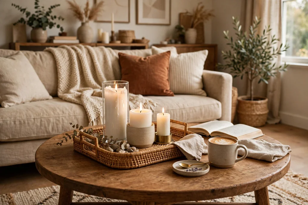 Round coffee table with three candles at different heights grouped on a tray.