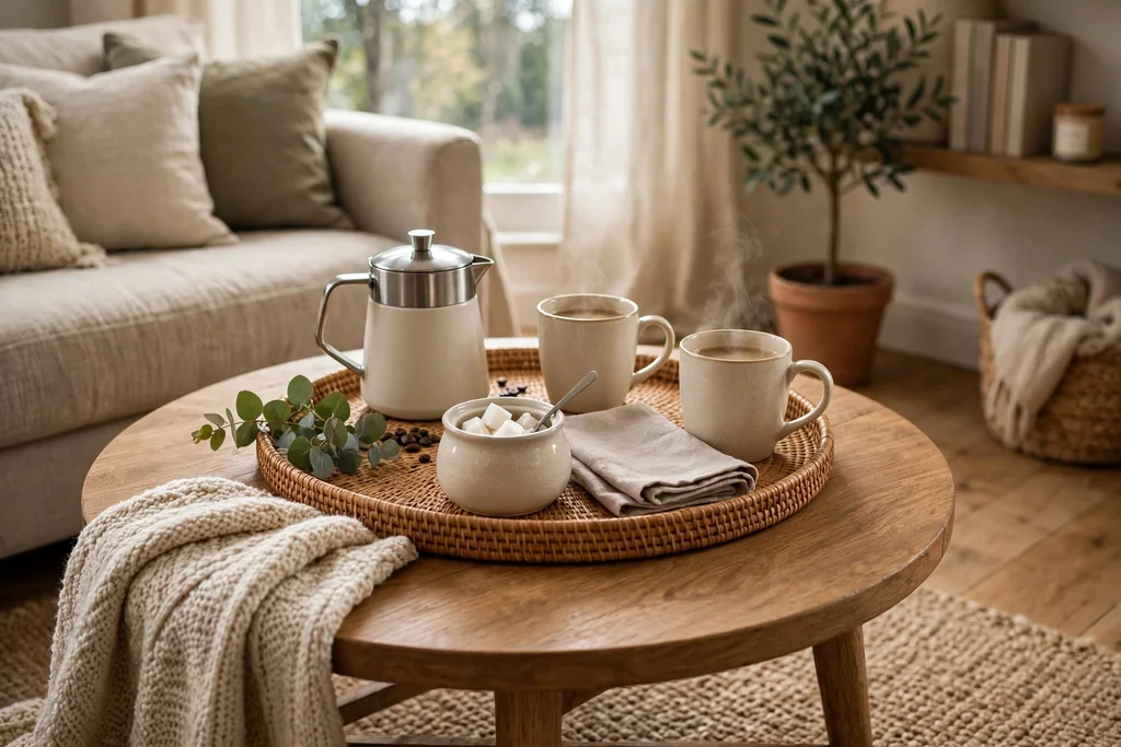 Round coffee table set for coffee with a small pot, two mugs, and a sugar bowl on a tray.