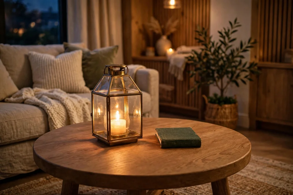 Round coffee table with a glass lantern glowing in the evening beside a small book.
