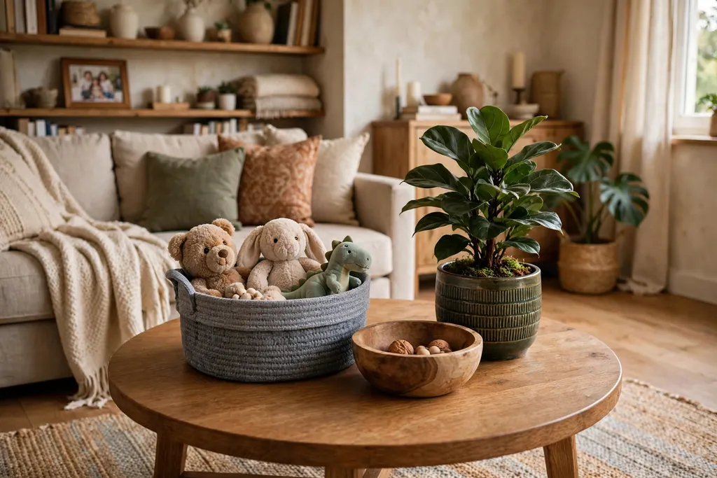 Round coffee table with a fabric basket of soft toys, a wooden bowl, and a sturdy potted plant.