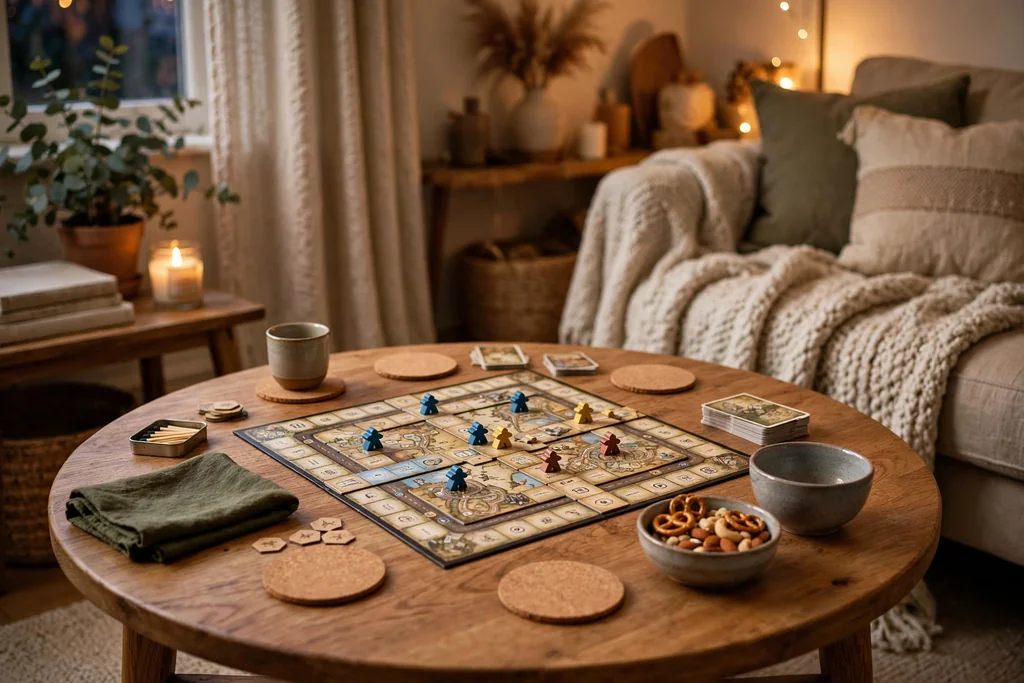 Round coffee table with a board game, coasters, and a small snack bowl ready for game night.