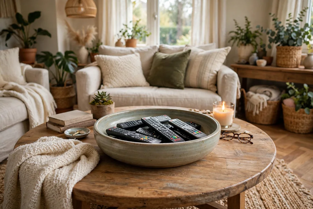 Round coffee table with a low wide ceramic bowl holding remote controls.