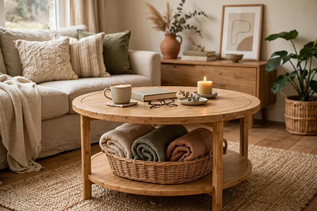 Round coffee table with a woven basket of folded throws on its lower shelf.