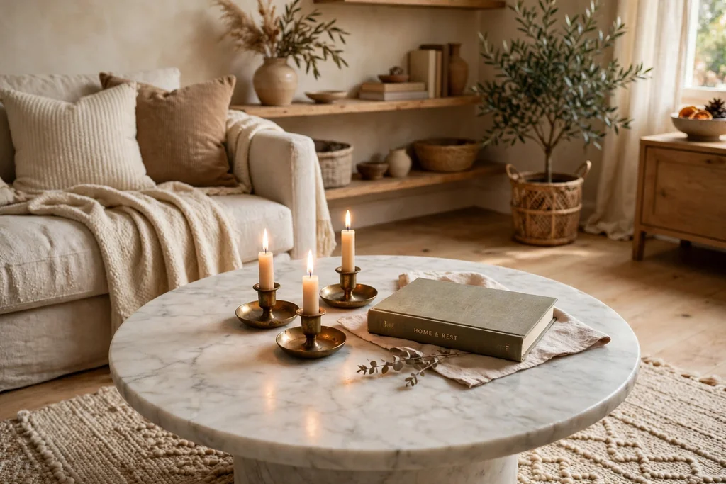 Round marble coffee table with small brass candle holders and one book.