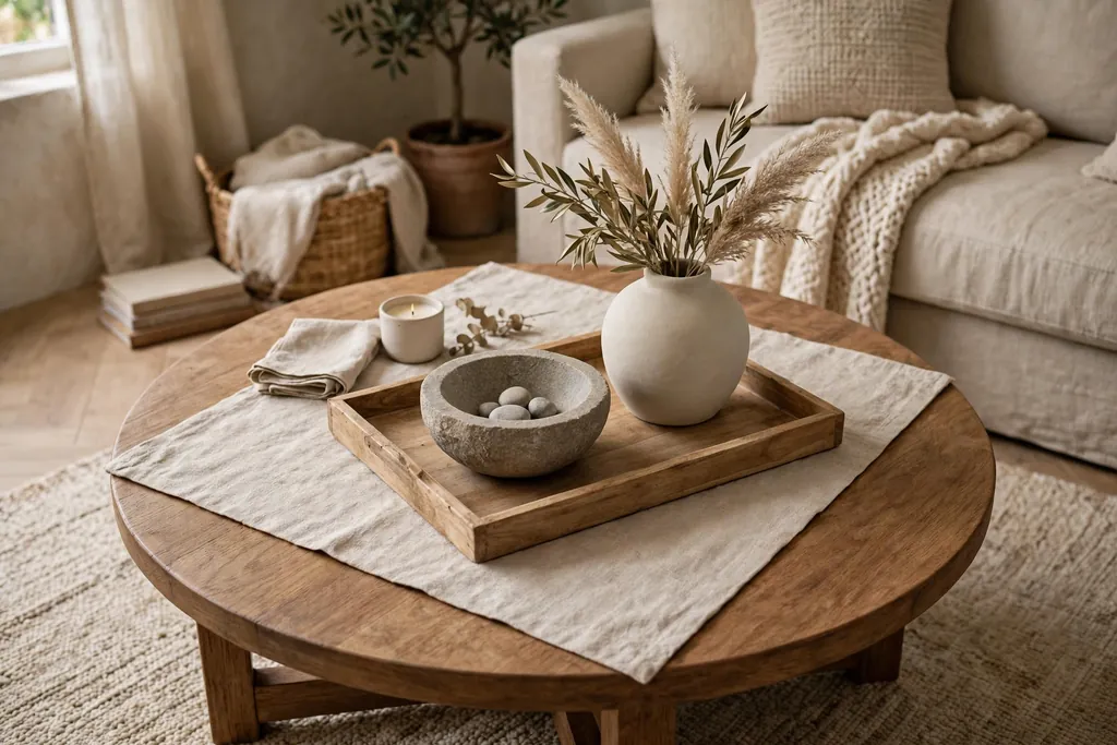 Round coffee table layered with a linen placemat, a wood tray, a stone bowl, and a ceramic vase in neutral tones.