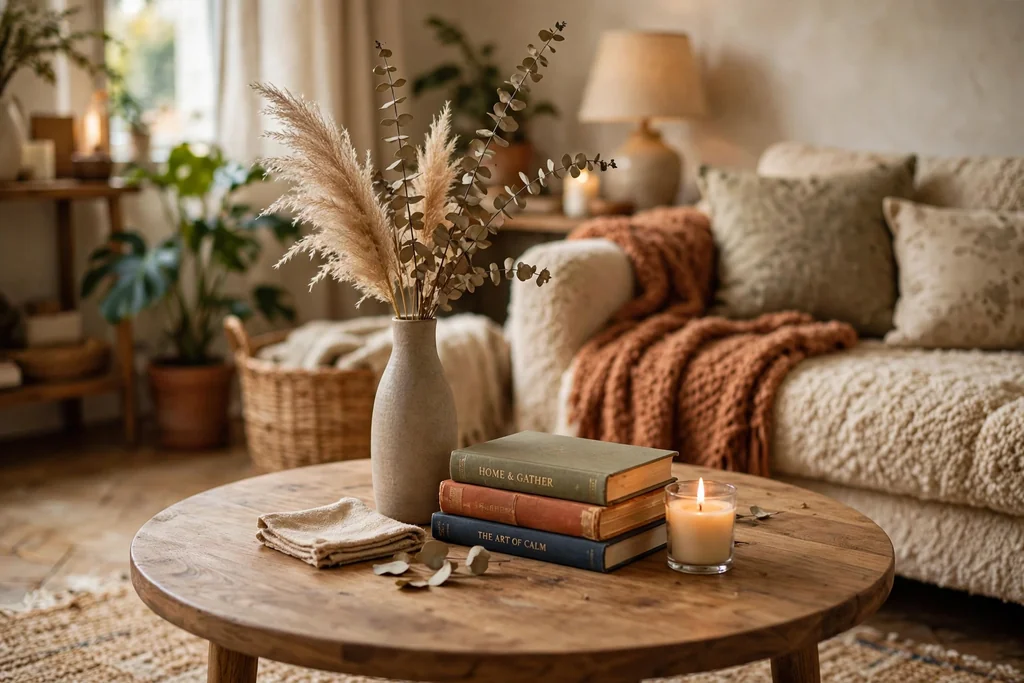 Round coffee table with an off center cluster of a tall vase, a book stack, and a short candle.