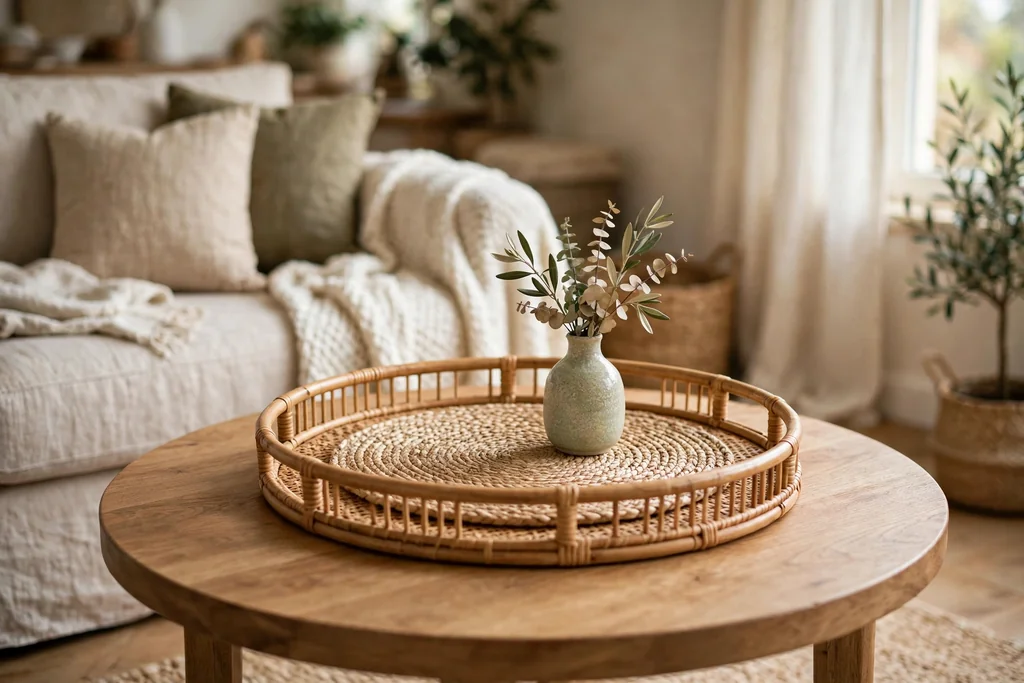 Round coffee table with a rattan tray, a woven placemat, and a small vase.