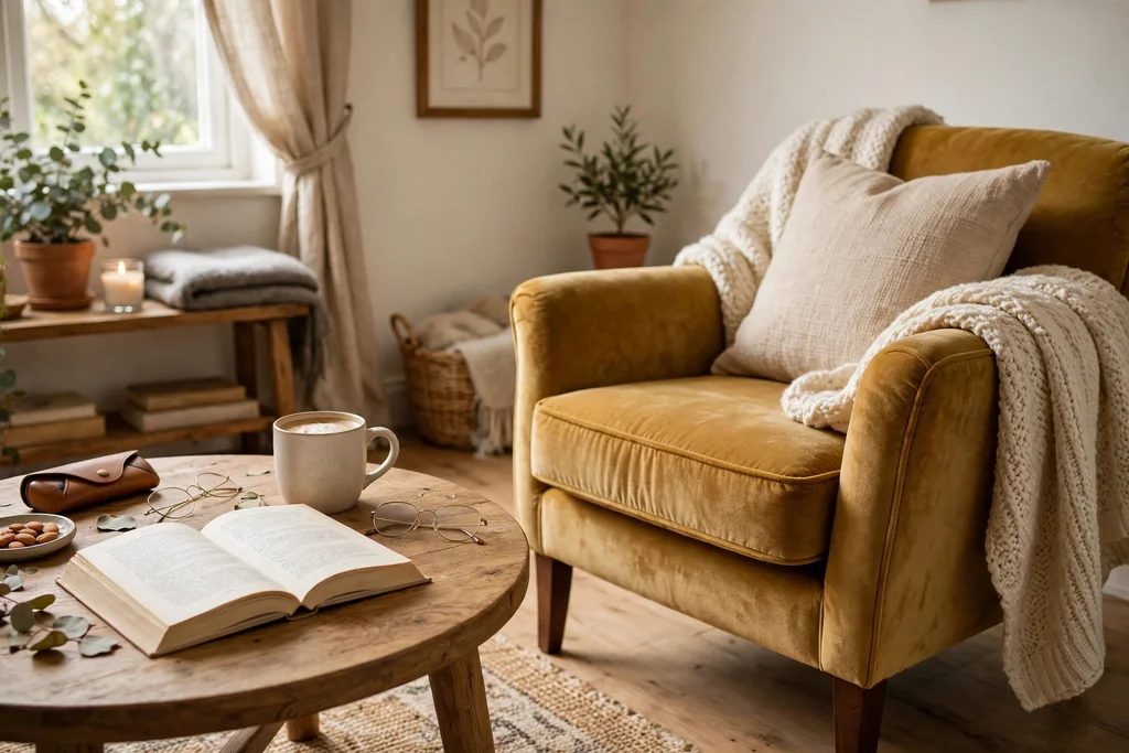 Round coffee table beside an armchair with an open book, glasses, and a mug.