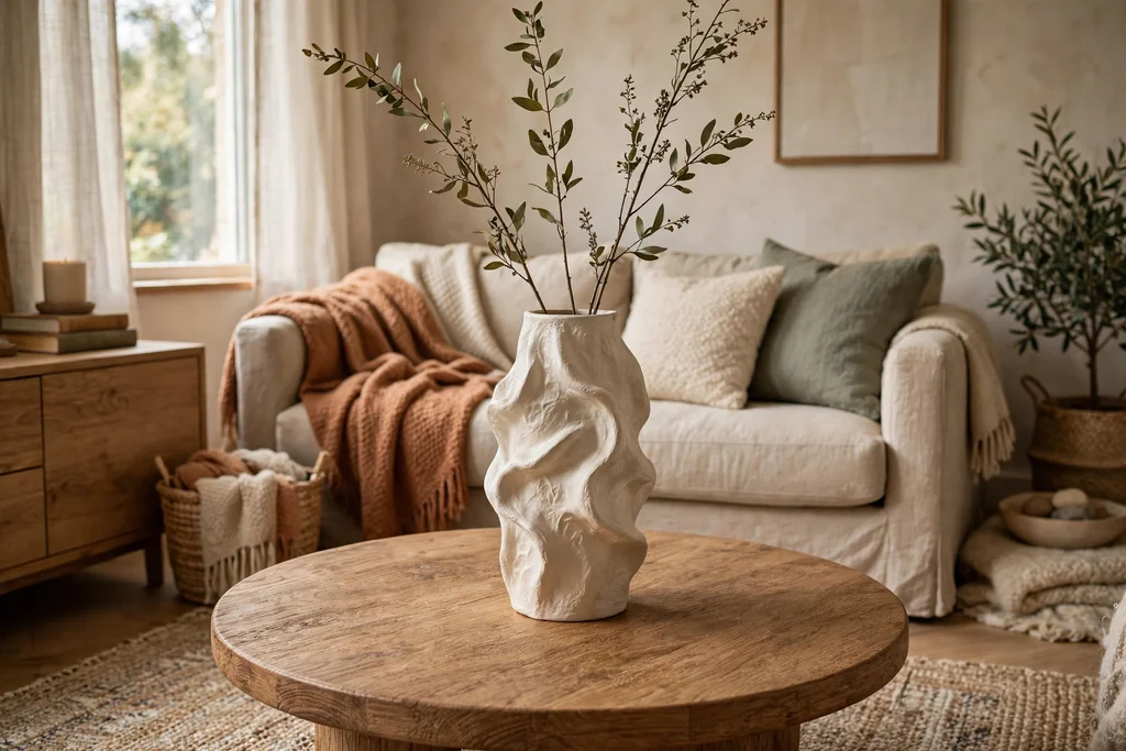 Round coffee table with one tall sculptural vase holding long branches.