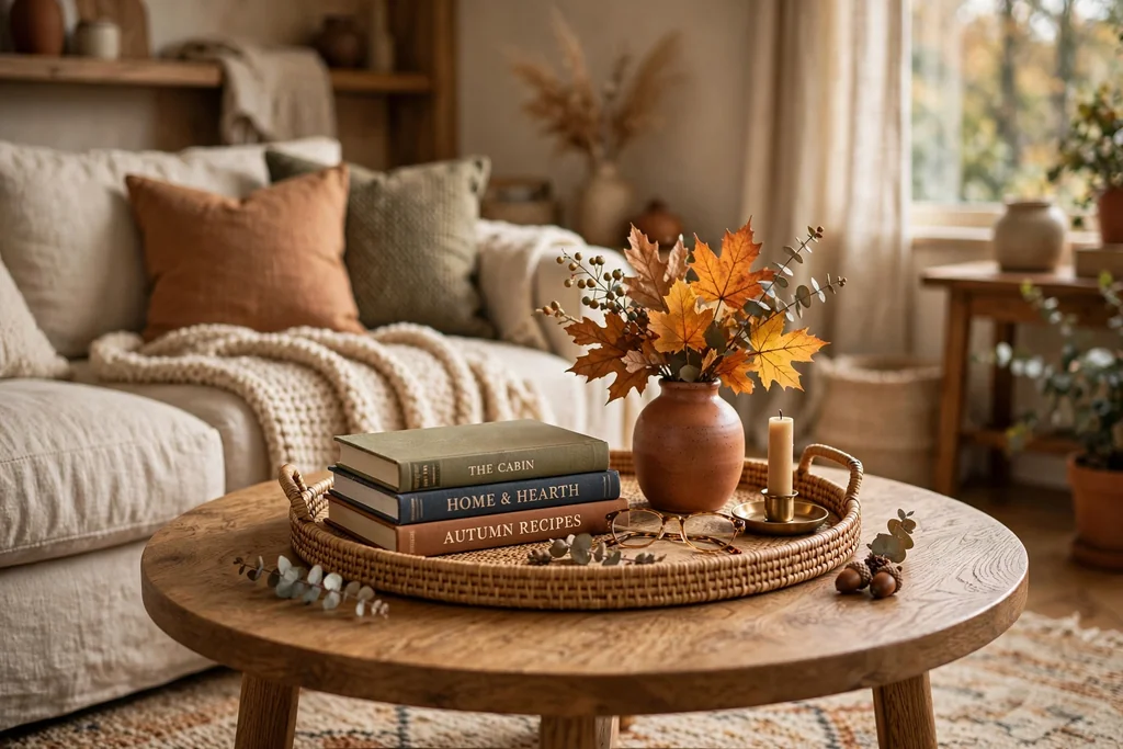 Round coffee table with a tray, books, and a small vase of autumn leaves.