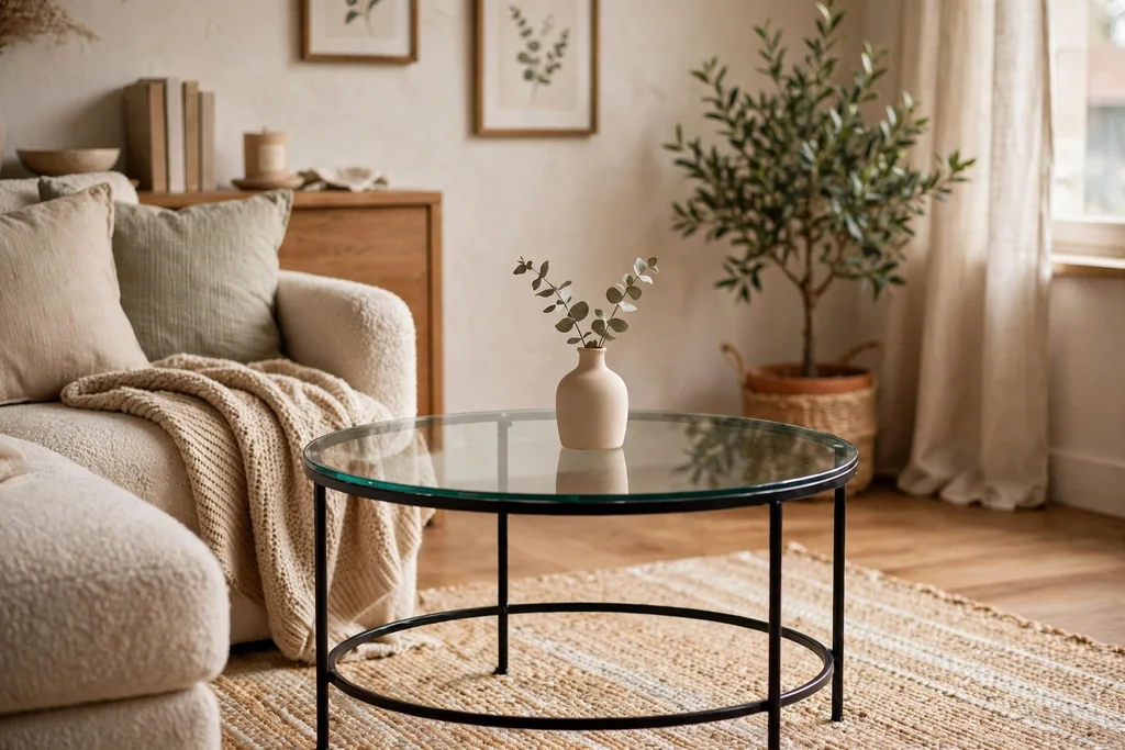 Small round coffee table with a single small vase and a clear surface.