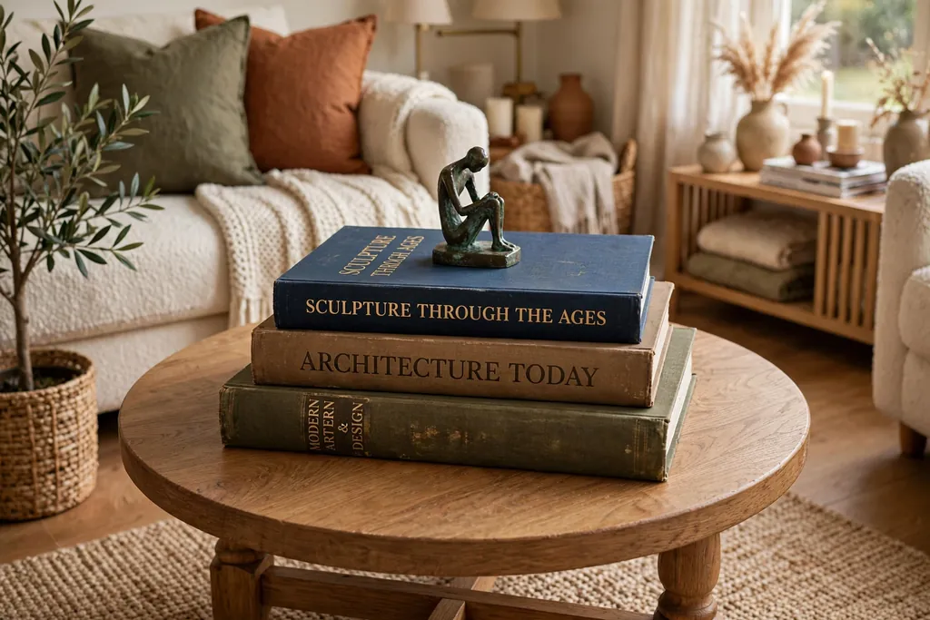 Round coffee table with a stack of large books topped with a small sculpture.