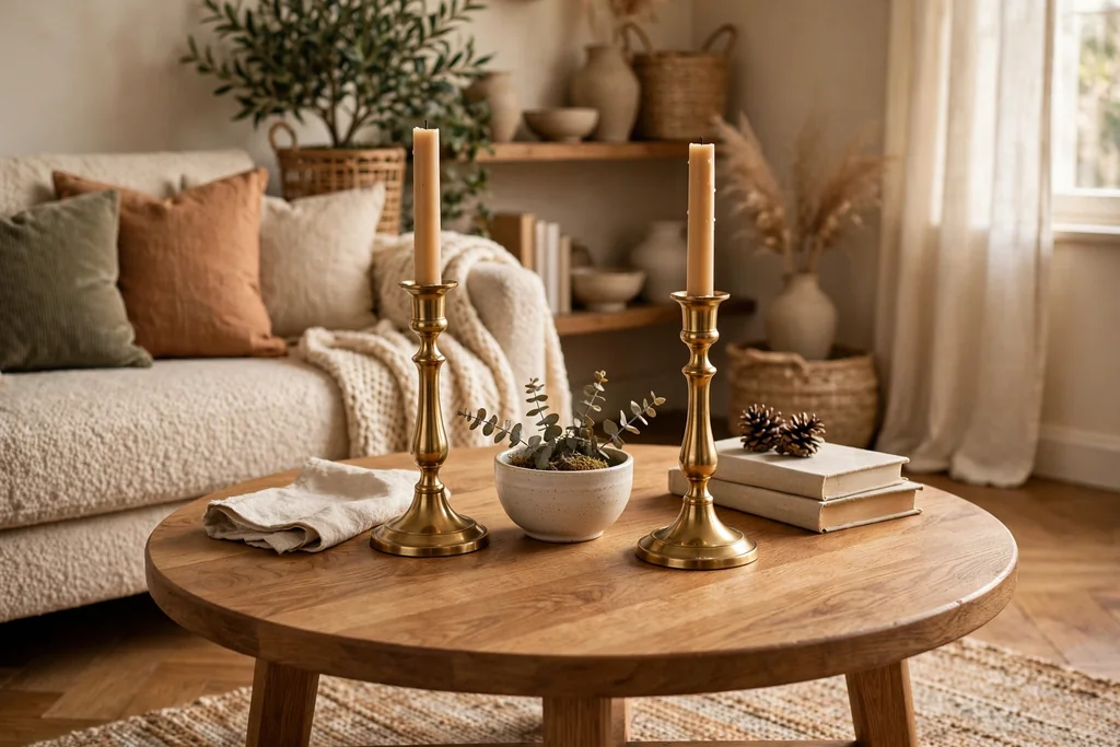 Round coffee table with a matching pair of brass candlesticks and a small bowl between them.