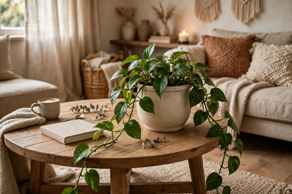 Round coffee table with a trailing plant in a ceramic pot, leaves spilling over the edge.