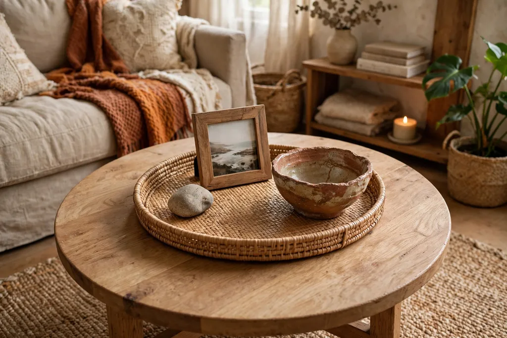 Round coffee table with a tray holding a small stone, a framed photo, and a handmade bowl.