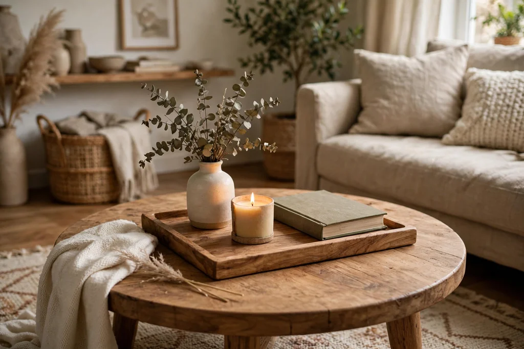 Round wood coffee table with a wood tray holding a small vase, a candle, and a book.