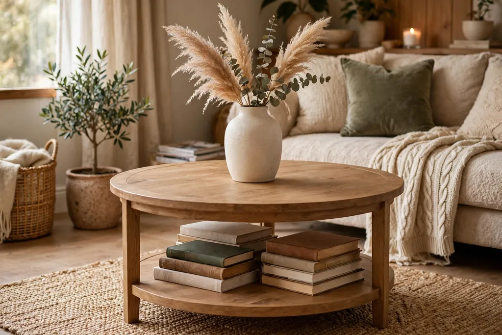 Two tier round coffee table with a vase on top and books on the lower shelf.