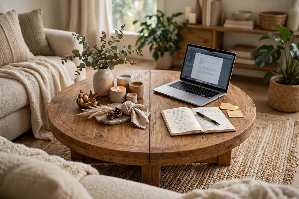 Round coffee table with decor grouped on one half and a laptop and notebook on the other half.