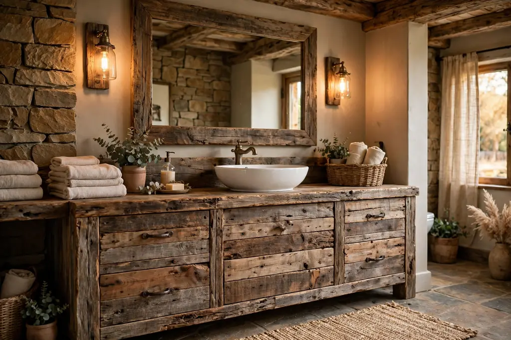 Rustic bathroom with a reclaimed wood vanity and a vessel sink.