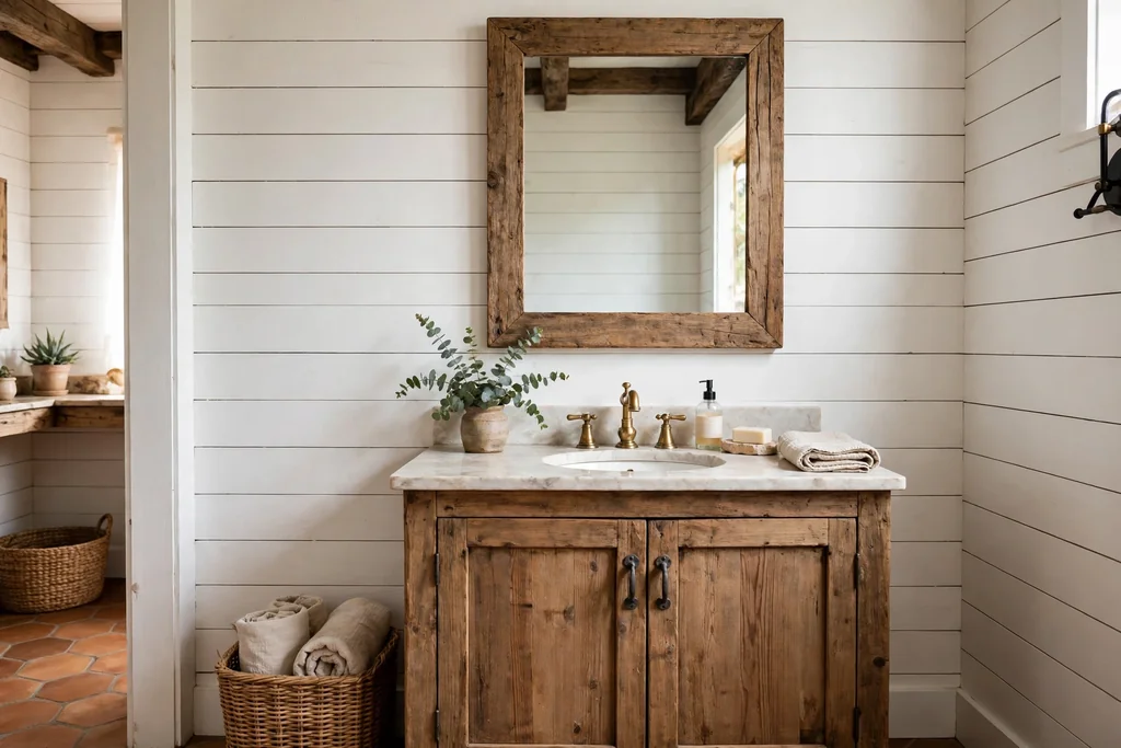 Rustic bathroom with a white shiplap wall behind a wood vanity.