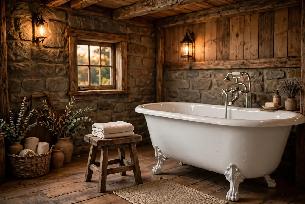 Rustic bathroom with a freestanding clawfoot tub and a wood stool.