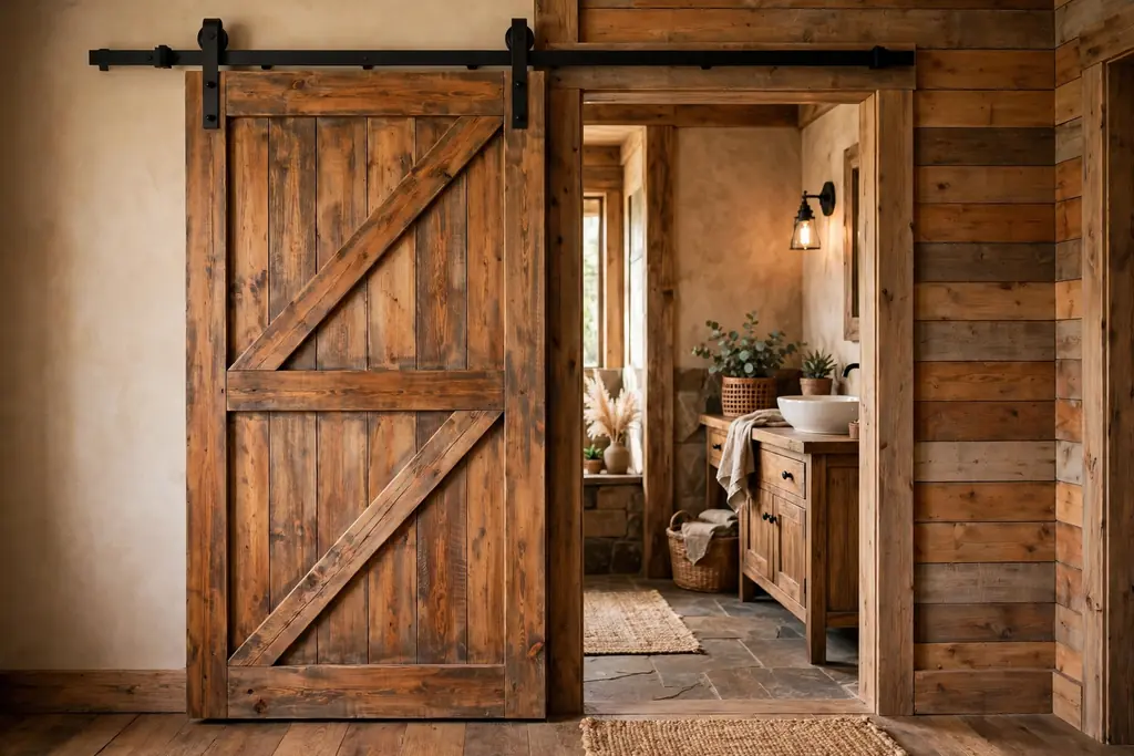 Rustic bathroom entry with a sliding wood barn door on a black rail.