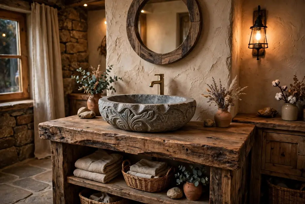 Rustic bathroom with a carved stone vessel sink on a thick wood counter.