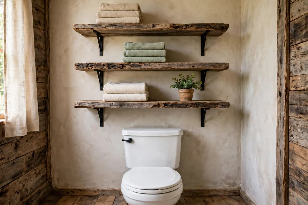 Rustic bathroom with open reclaimed wood shelves above a toilet holding towels.
