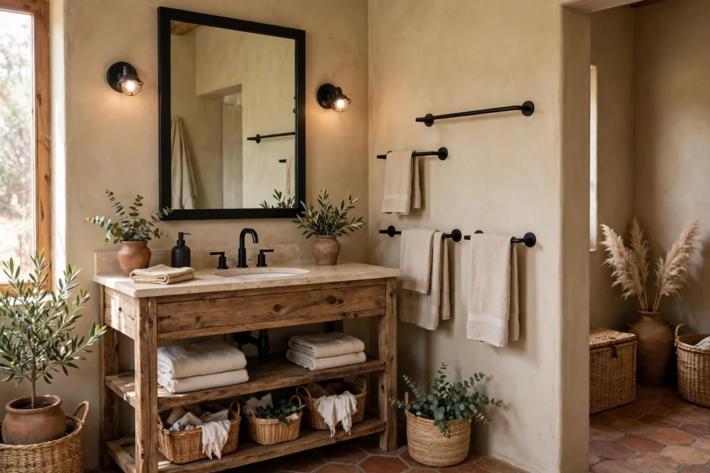 Rustic bathroom with matte black wrought iron style taps and towel bars.
