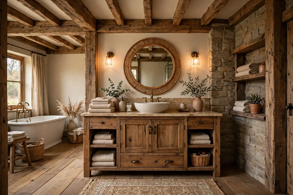 Rustic bathroom with exposed wood ceiling beams and warm light.