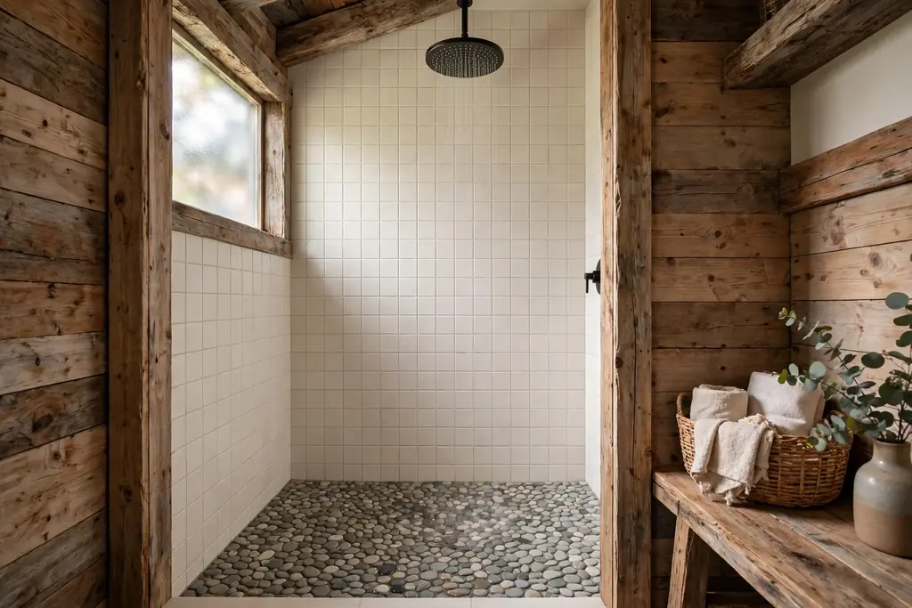 Rustic shower with a pebble stone floor and plain wall tile.