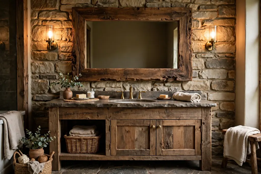 Rustic bathroom with a thick wood framed mirror above a wood vanity.