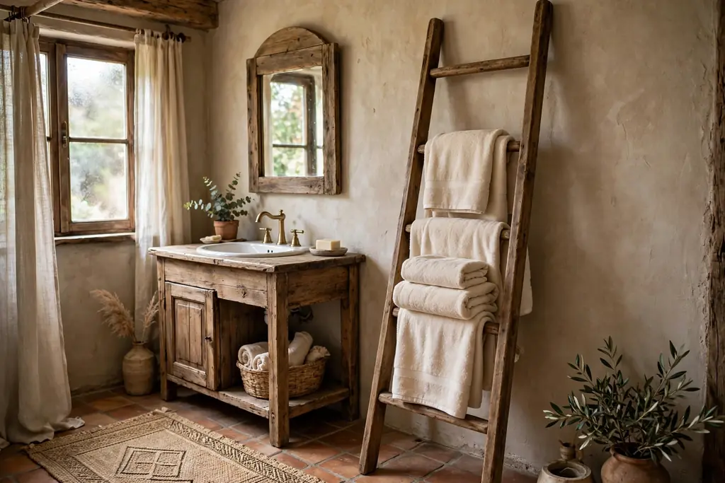 Rustic bathroom with a wooden ladder towel rack holding folded towels.