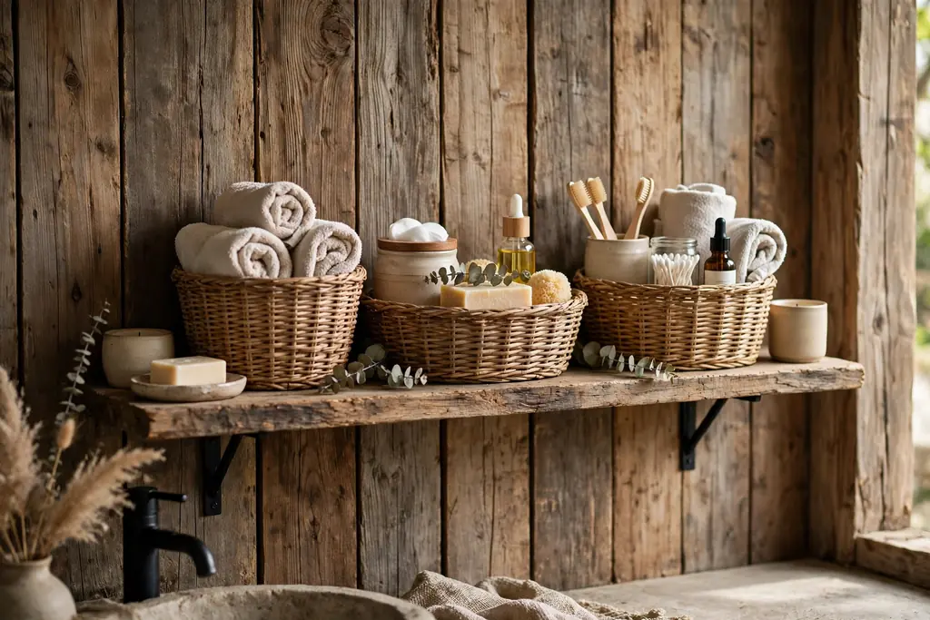 Rustic bathroom shelf with woven baskets holding toiletries and rolled towels.