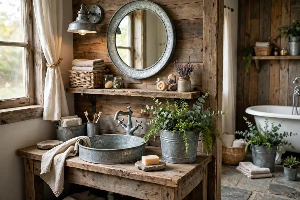 Rustic bathroom with galvanized metal accents, a bucket planter, and wood shelves.