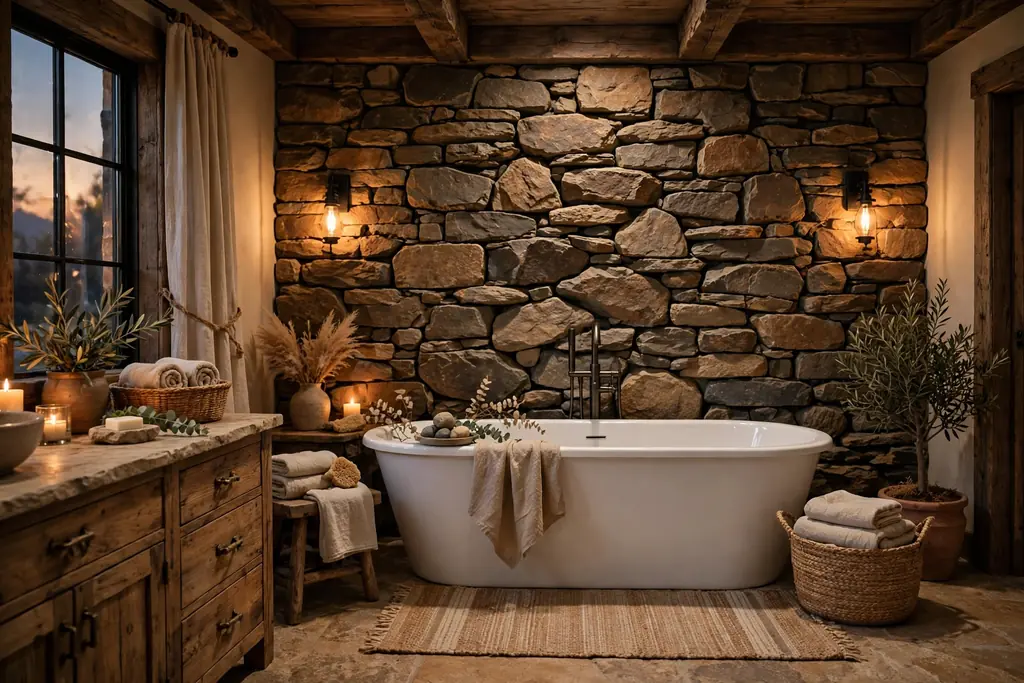 Rustic bathroom with a natural stone feature wall behind a freestanding tub.