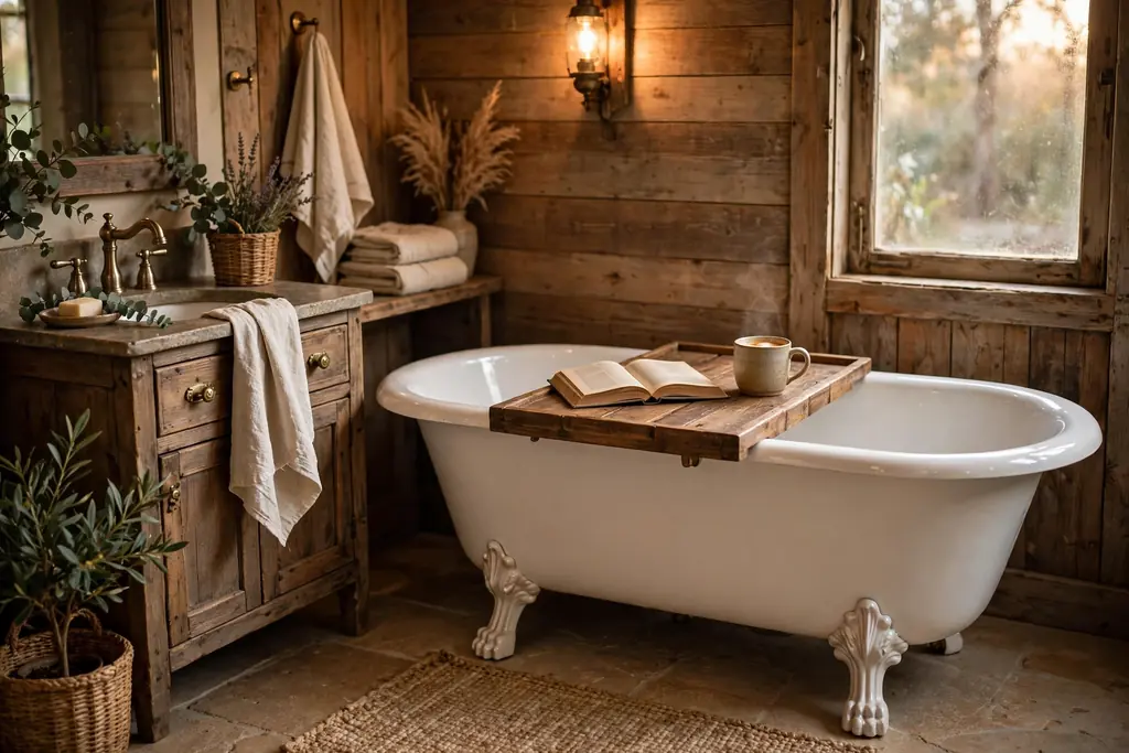 Rustic bathroom with a wooden bath tray across a clawfoot tub holding a book.