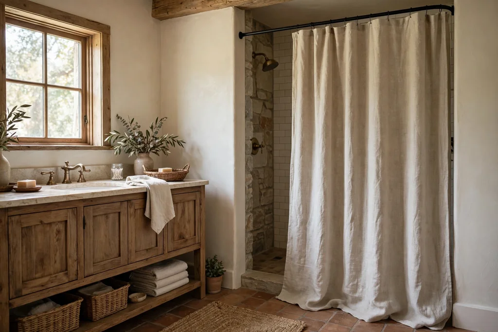Rustic bathroom with a natural linen shower curtain and a wood vanity.