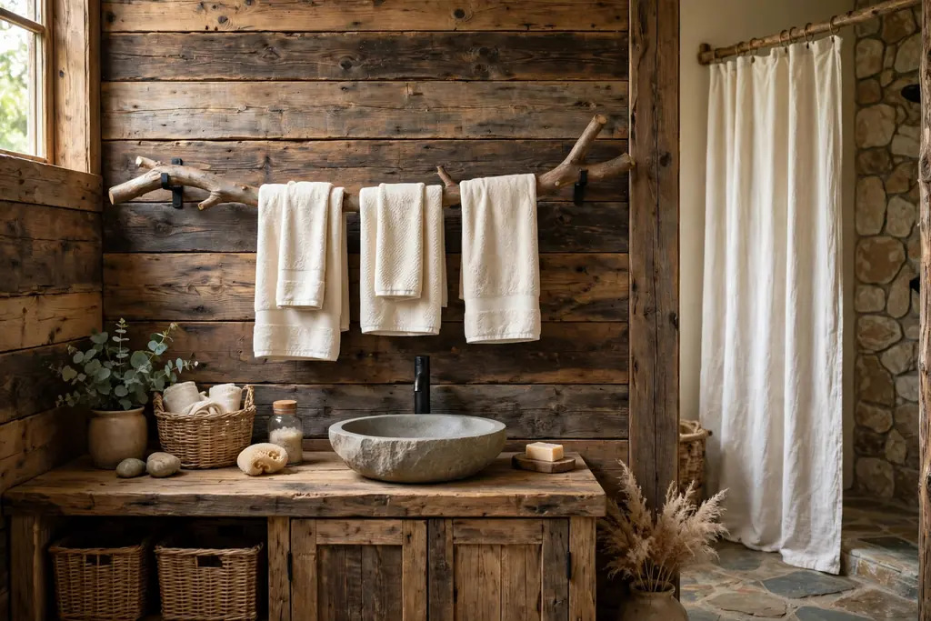 Rustic bathroom with a smooth tree branch towel rail on a wood wall.