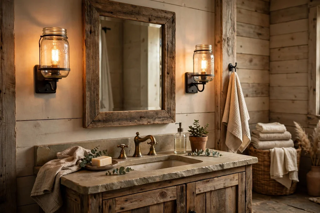 Rustic bathroom vanity with mason jar wall sconces beside a wood mirror.