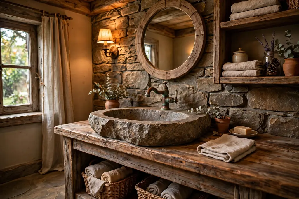 Rustic bathroom with an aged copper faucet and a stone sink on a wood counter.