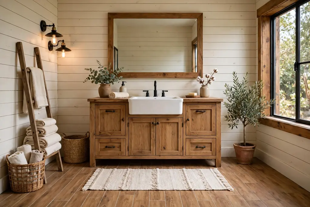 Rustic bathroom with warm wood look floor tile and a wood vanity.
